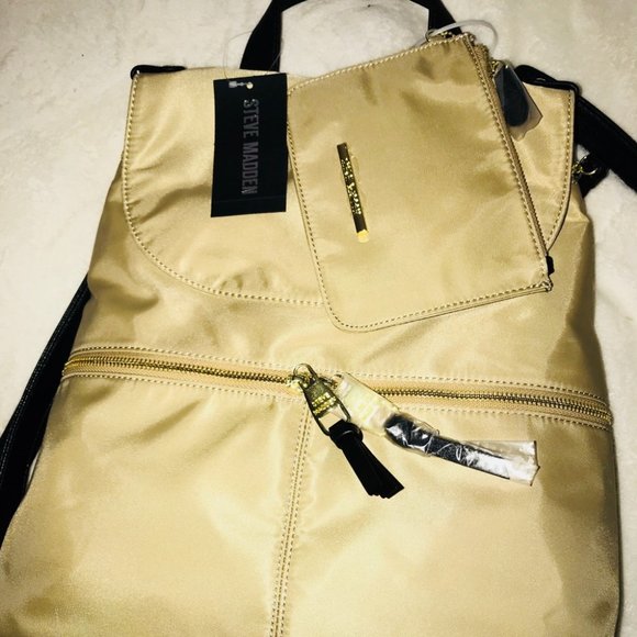 BNWT Steve Madden golden with black leather and tan nylon backpack - Picture 1 of 6